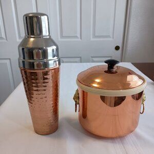 Vintage Copper Ice Bucket with Lid and Lion Handles and a Cocktail Shaker
